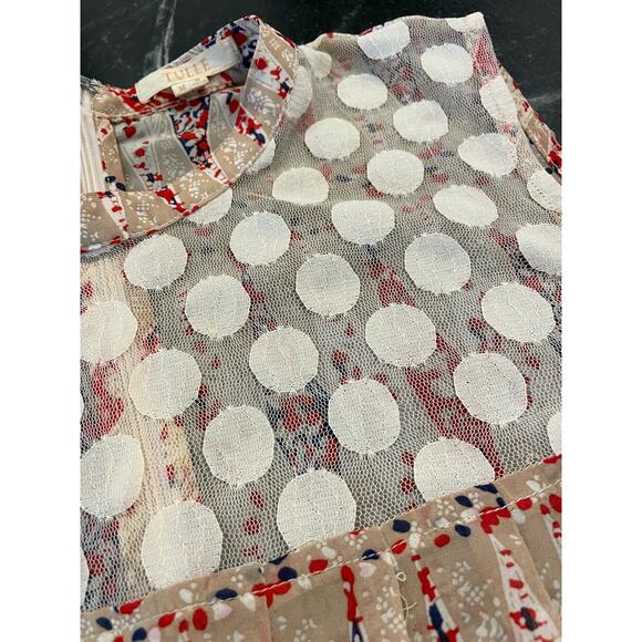 Tulle short sleeved top Medium Tan/Navy/Red colors beautiful tulle insert - Picture 8 of 14